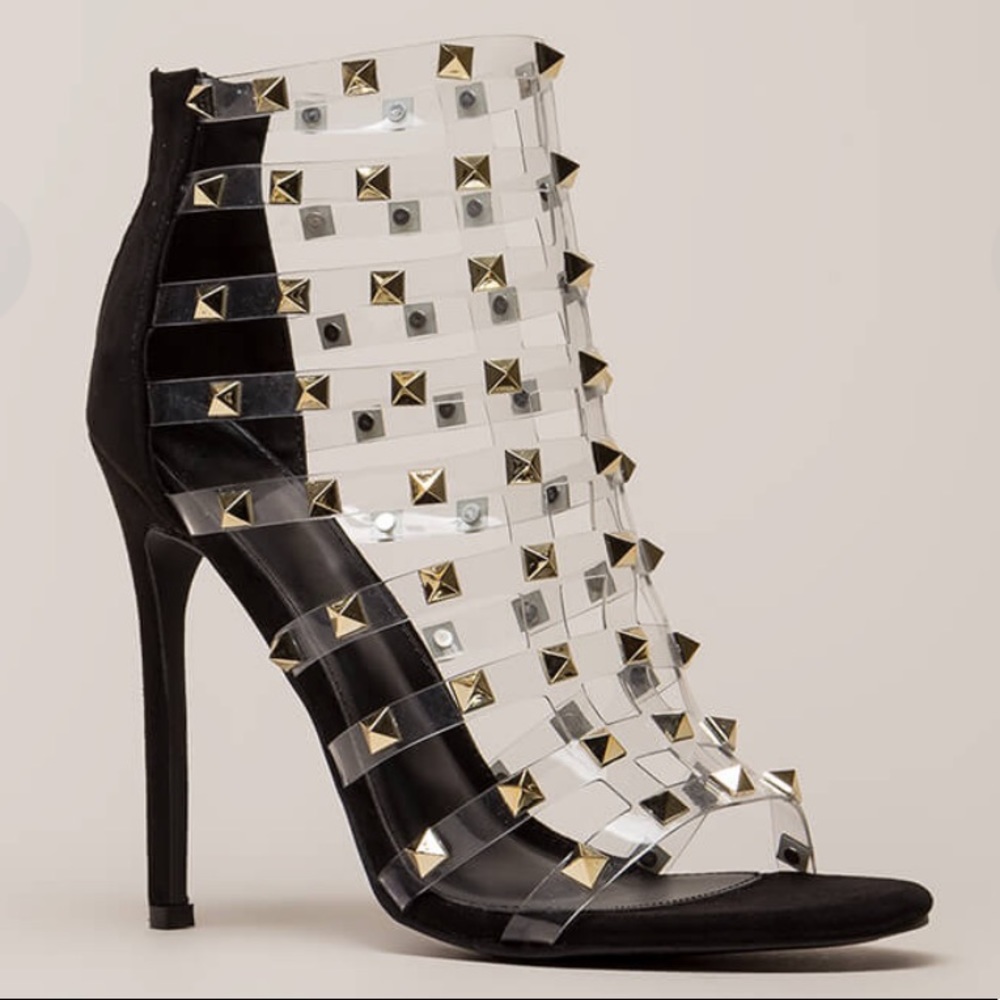 New women’s Clearly A Stud Caged Faux Suede Heels